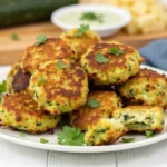 Golden-brown crispy baked zucchini fritters arranged on a serving plate with a small bowl of creamy yogurt-dill dip. The fritters have a textured exterior with visible herbs and are garnished with fresh dill sprigs
